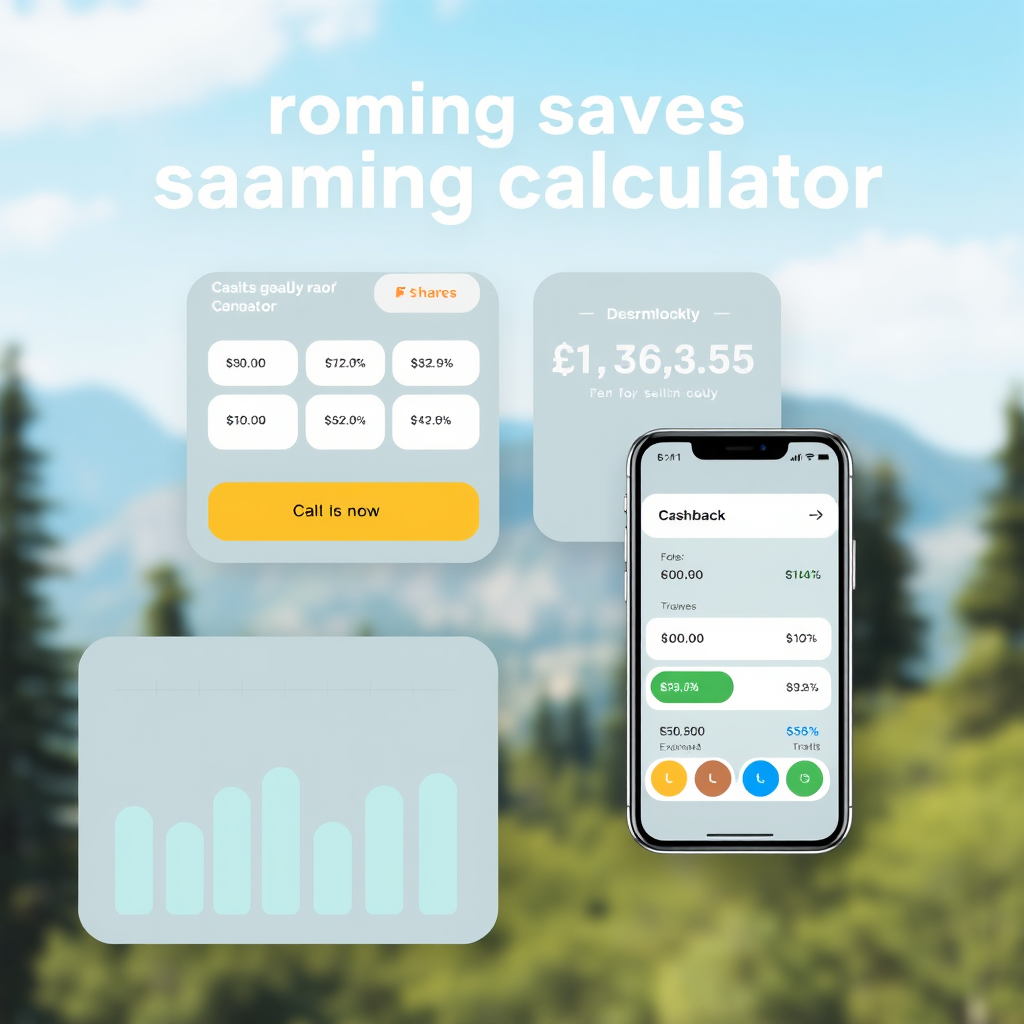 Roaming savings calculator interface showing cost comparison charts, cashback percentages, and travel expense breakdowns with mobile device mockups