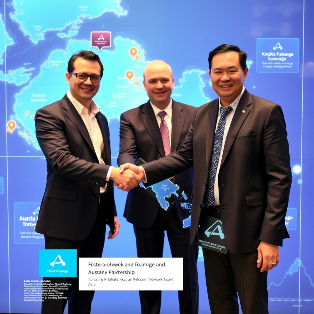Business executives from Australian and Asian telecom companies shaking hands over a digital map displaying network coverage and roaming partnerships across Australia and Asia