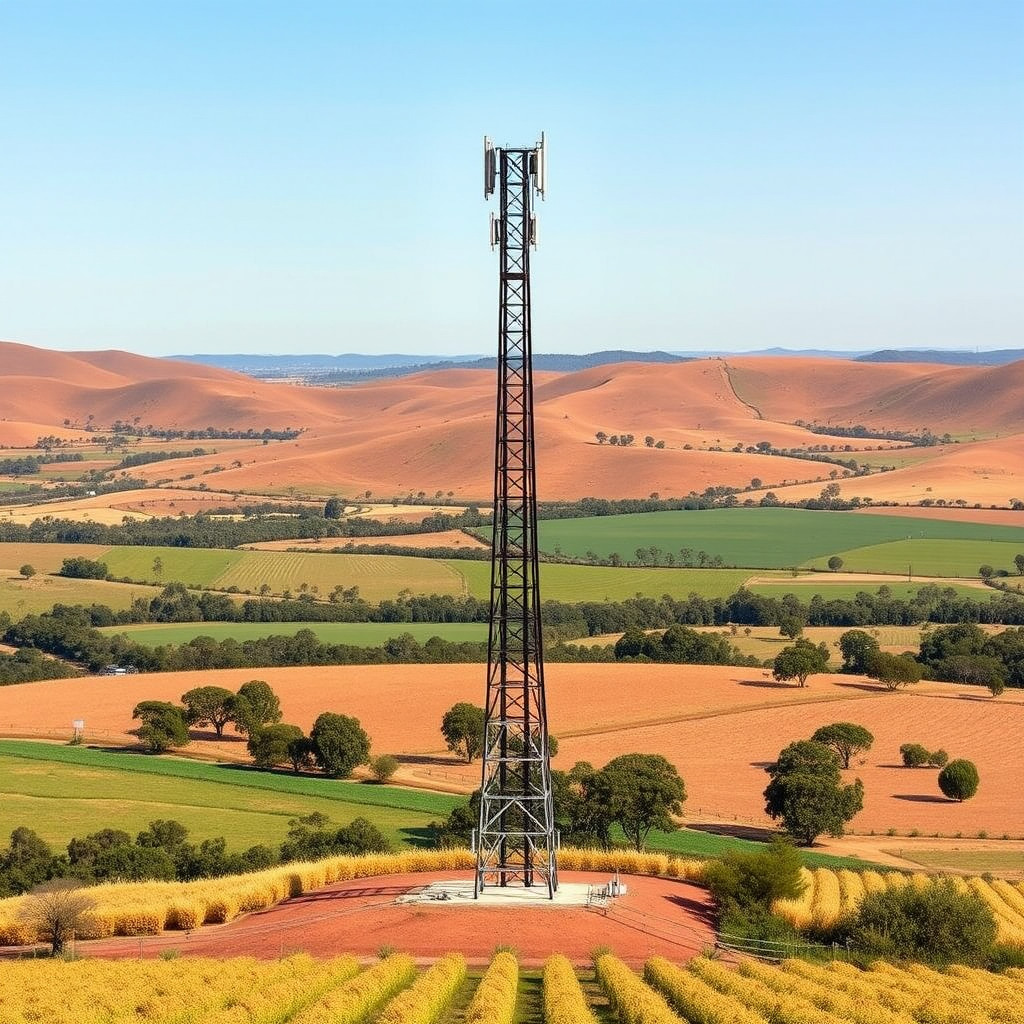 Modern 5G telecommunications tower standing tall in rural Australian countryside with rolling hills and farmland in the background, representing network infrastructure expansion