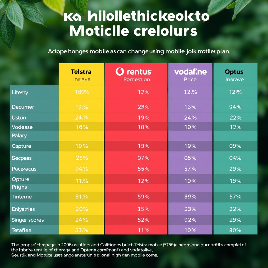 Comprehensive comparison chart showing mobile plan pricing changes across Telstra, Optus, and Vodafone with percentage increases and decreases highlighted in different colors