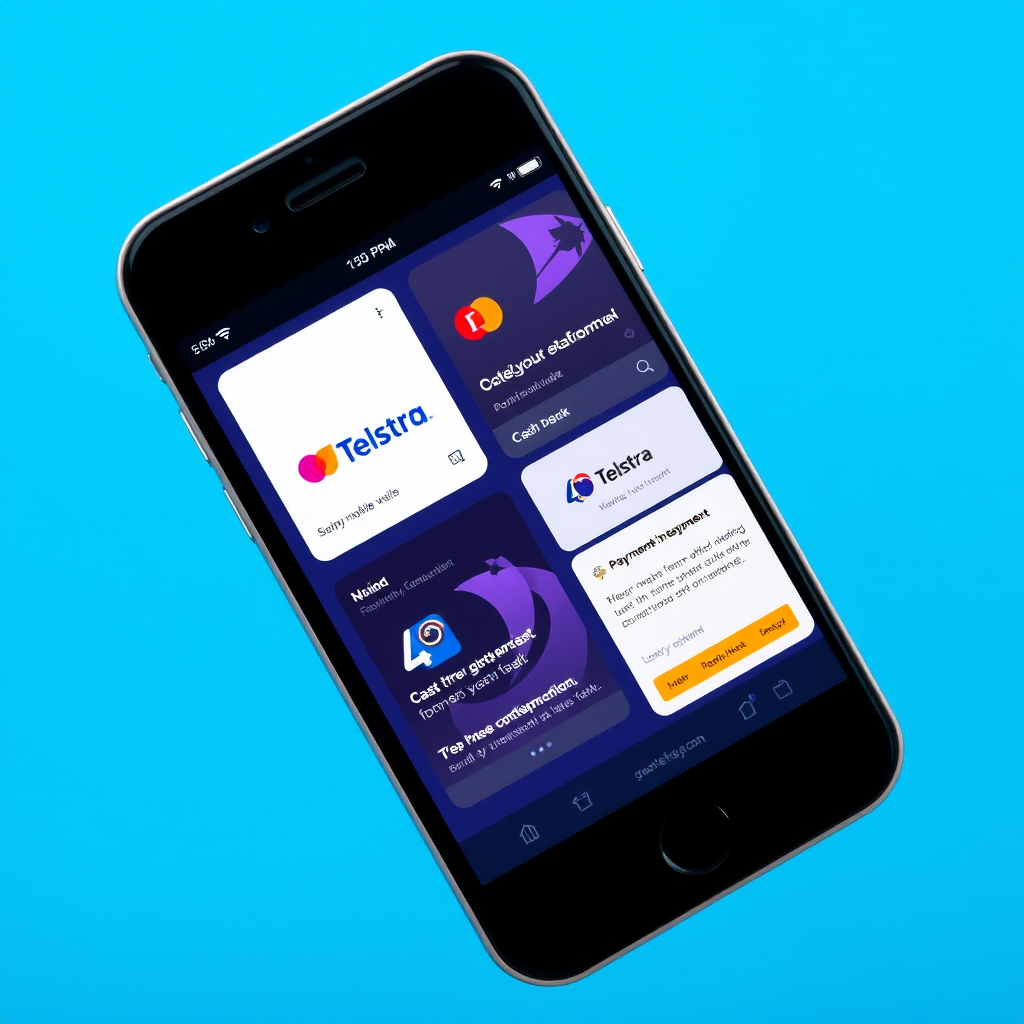 Modern smartphone displaying digital payment interface with Australian telecom operator logos including Telstra, showing mobile wallet features, cashback notifications, and payment integration screens against a professional blue background