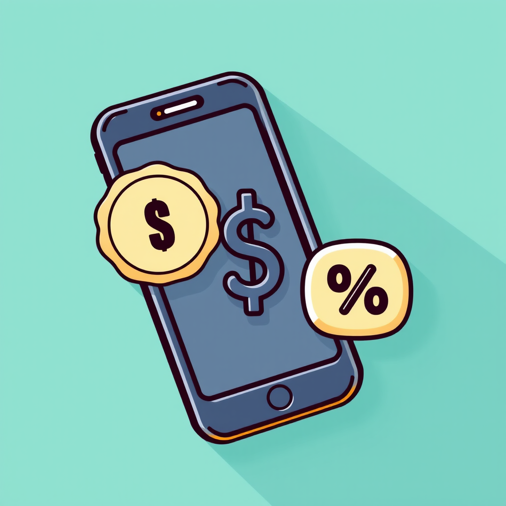 Mobile cashback icon showing smartphone with dollar sign and percentage symbol, representing mobile top-up rewards and savings