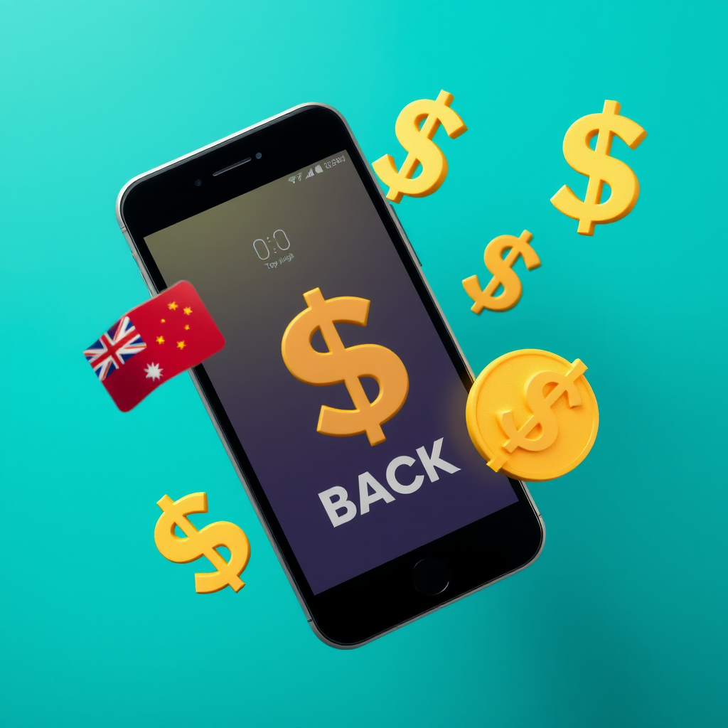 Mobile phone with cashback symbols and Australian dollar signs floating around it, representing mobile top-up cashback rewards