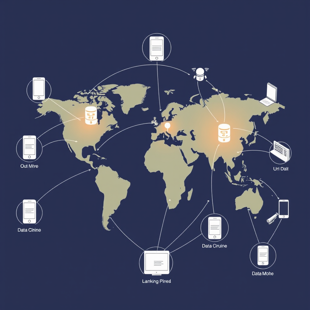 Global roaming network illustration showing connected mobile devices across world map with data flow indicators and international connectivity symbols