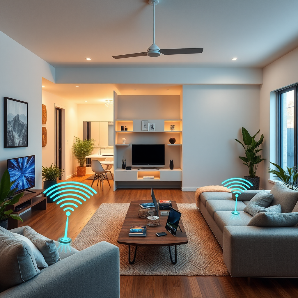 Modern Australian home with high-speed internet connectivity, showing multiple devices connected to NBN broadband network with wireless signals