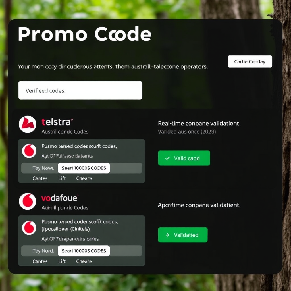 Comprehensive promo code database interface showing verified discount codes from Australian telecom operators including Telstra, Optus, and Vodafone with real-time validation status