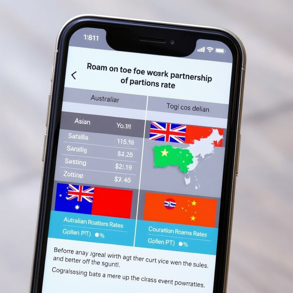 Smartphone screen showing a detailed comparison chart of roaming rates before and after the new partnerships, with Australian and Asian country flags indicating coverage areas