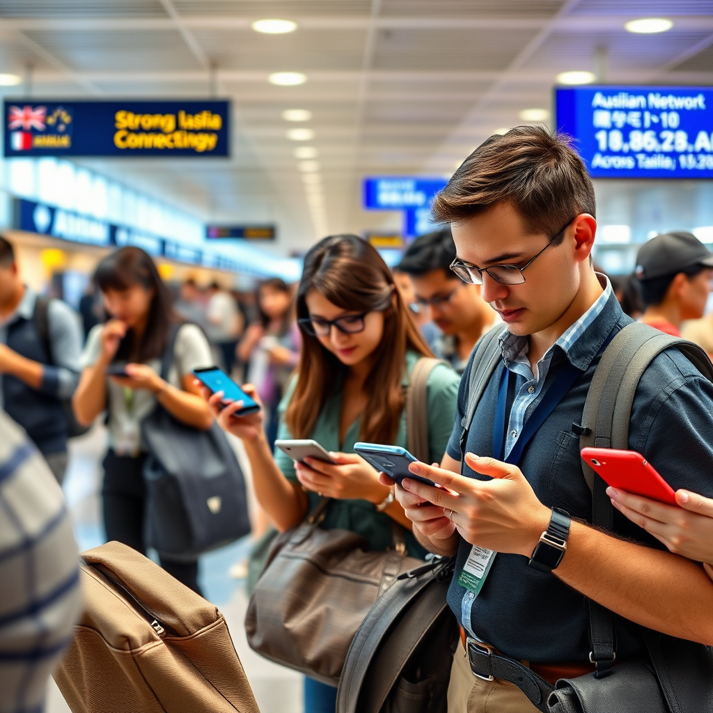 Business travelers and tourists using their Australian mobile phones at various Asian airports, with visual indicators showing strong network coverage and connectivity across different Asian countries