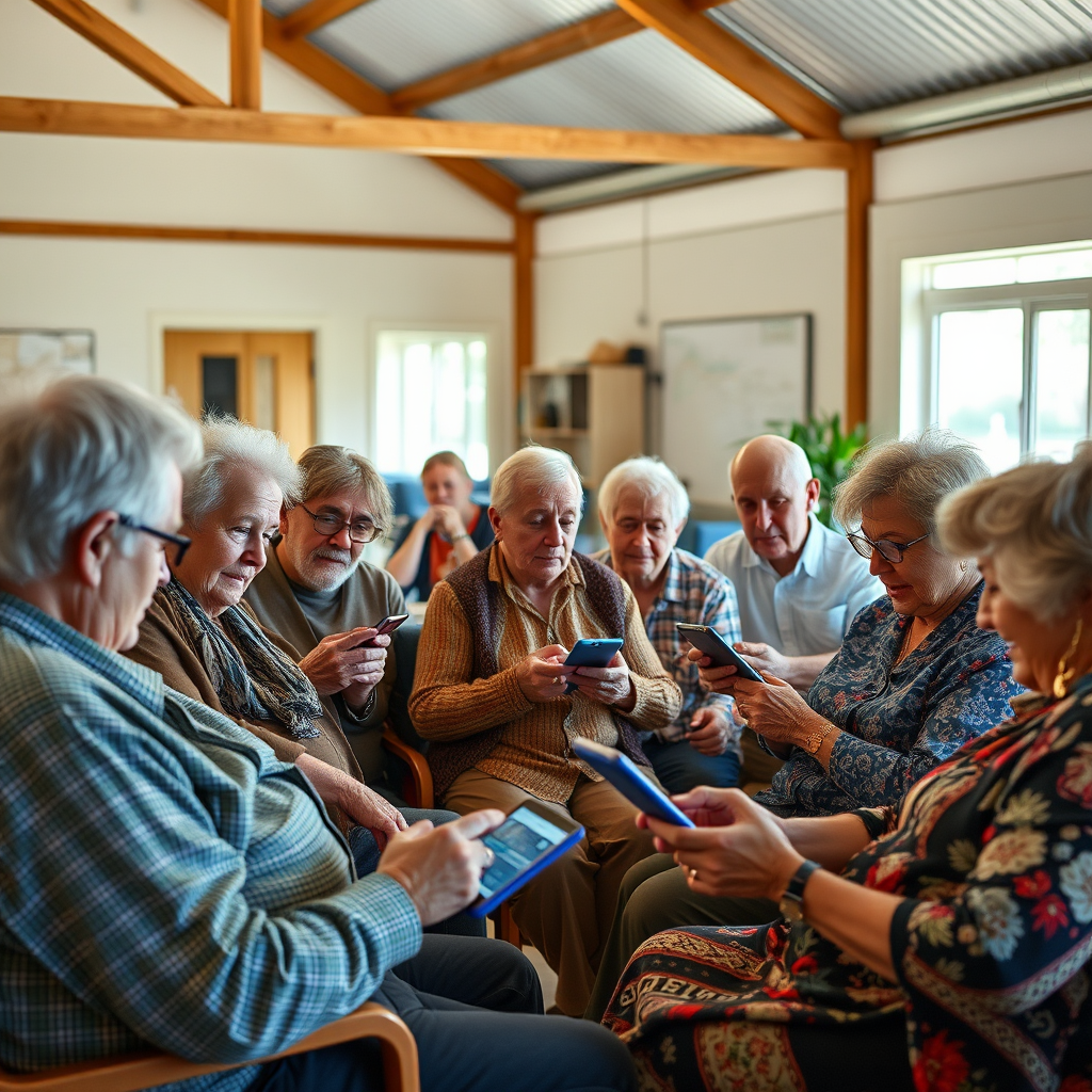 Diverse group of rural Australian residents using smartphones and tablets in a community center, representing improved digital connectivity and social inclusion