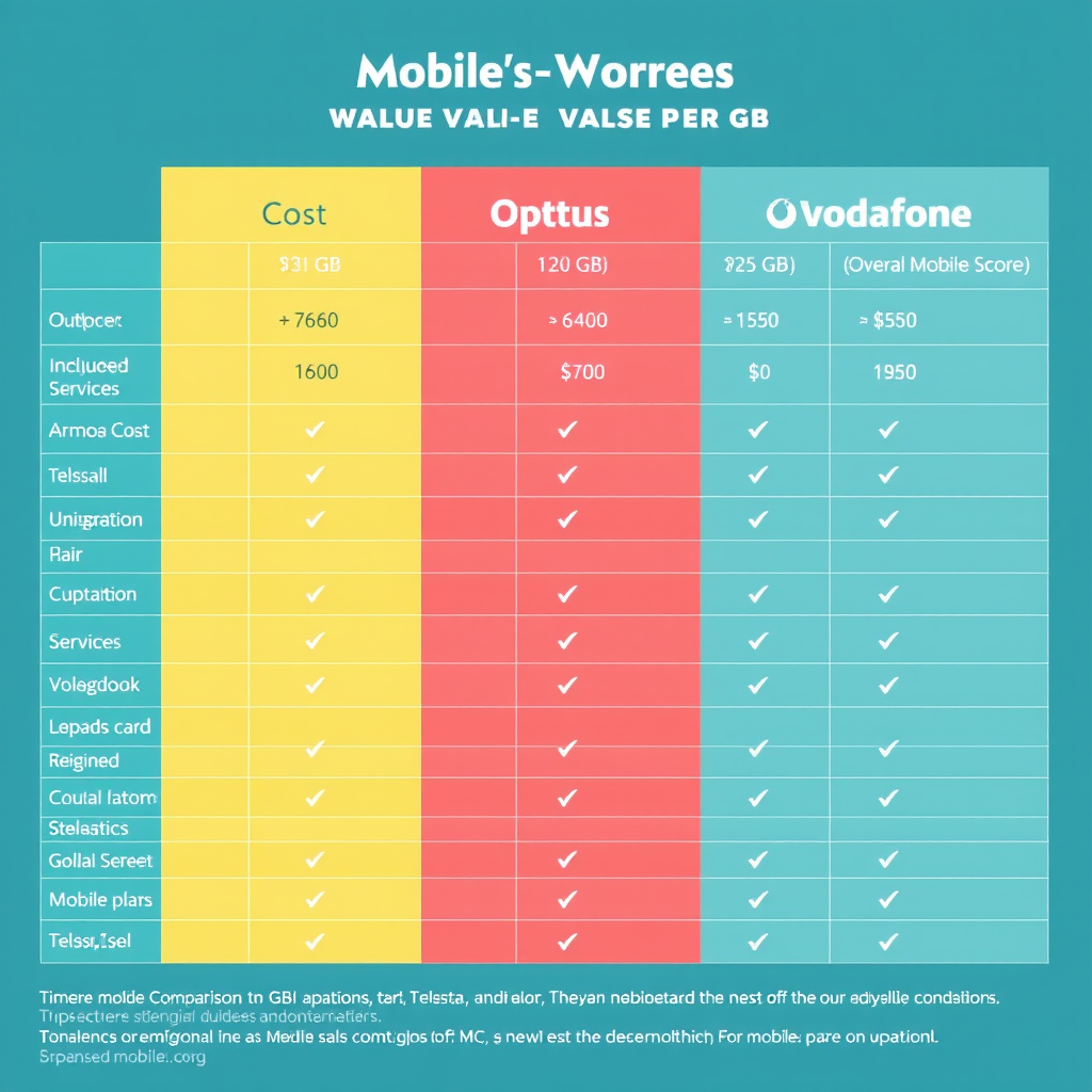 Detailed value comparison matrix showing cost per GB, included services, and overall value scores for Telstra, Optus, and Vodafone mobile plans