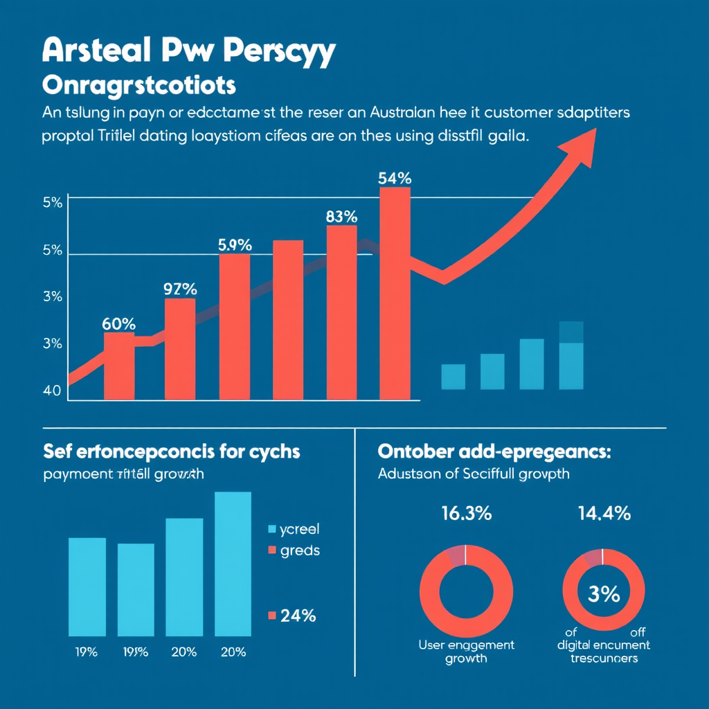 Infographic showing upward trending statistics and charts representing growth in digital payment adoption among Australian telecom customers, with percentage increases and user engagement metrics displayed in professional blue and coral colors