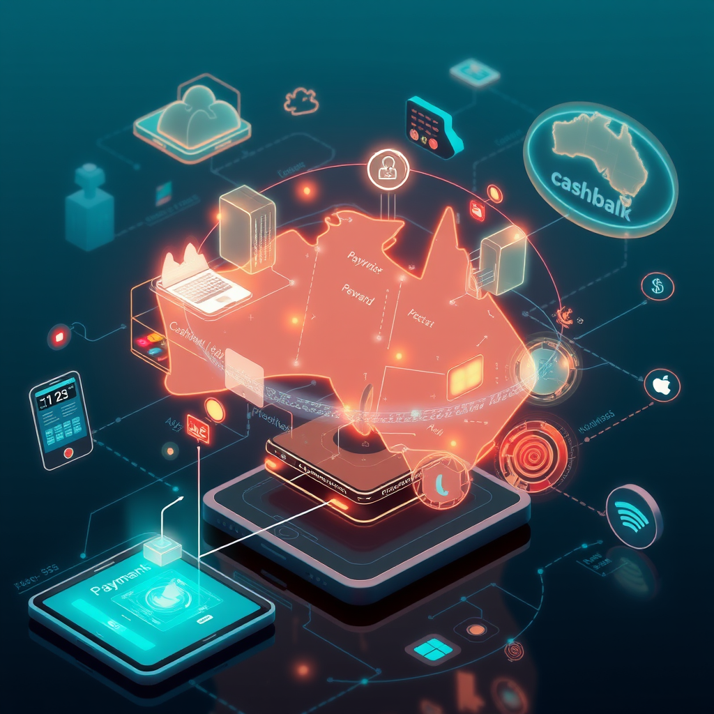 Futuristic visualization of Australian telecom digital payment ecosystem showing interconnected mobile devices, payment networks, and cashback reward systems with holographic interface elements and advanced technology concepts