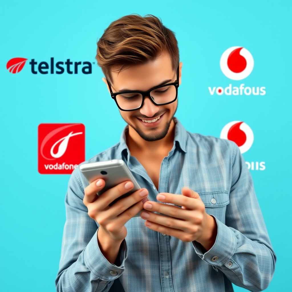 Australian mobile phone user checking cashback earnings on smartphone with Telstra, Optus and Vodafone logos in background, representing mobile top-up savings