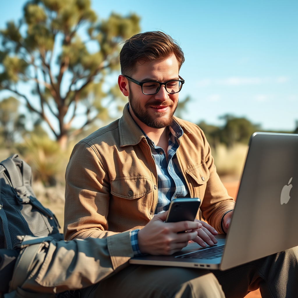Professional using mobile broadband device while working remotely, showing portable WiFi hotspot and laptop connectivity in Australian outdoor setting