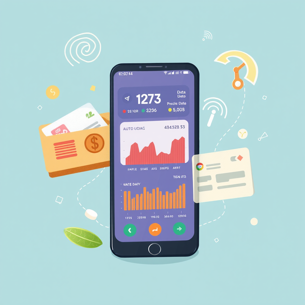 Mobile data packages illustration showing smartphone with data usage charts, network signals, and international connectivity indicators