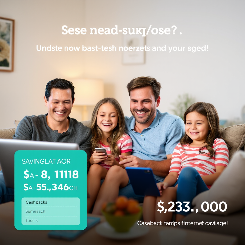 Happy Australian family using high-speed internet at home, showing multiple connected devices and savings calculator displaying cashback earnings from internet packages