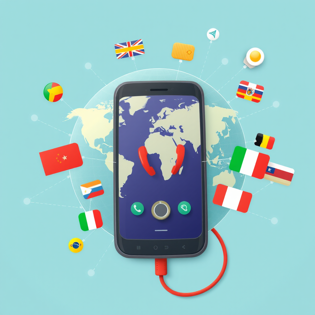 International calling plans illustration showing phone with global call connections, country flags, and communication network lines