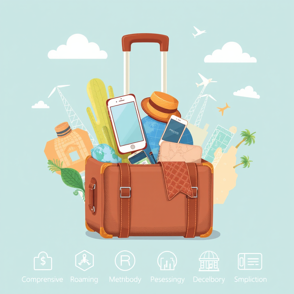 Travel bundles illustration showing suitcase with mobile devices, travel destinations, and comprehensive roaming service icons